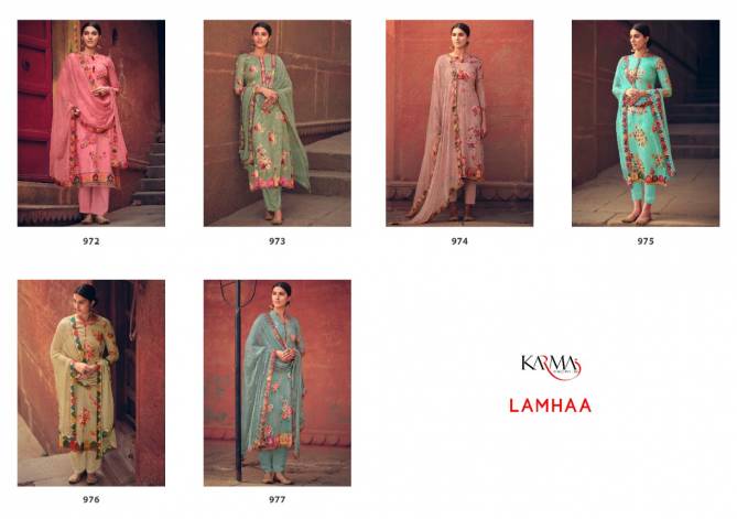 Karma Lamhaa 972 Series Festive Wear Pure Cotton Embraided digital Print Top With Dupatta With Four Side Print Border Salwar Suit Collection